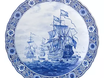 青花帆船瓷盘贴图