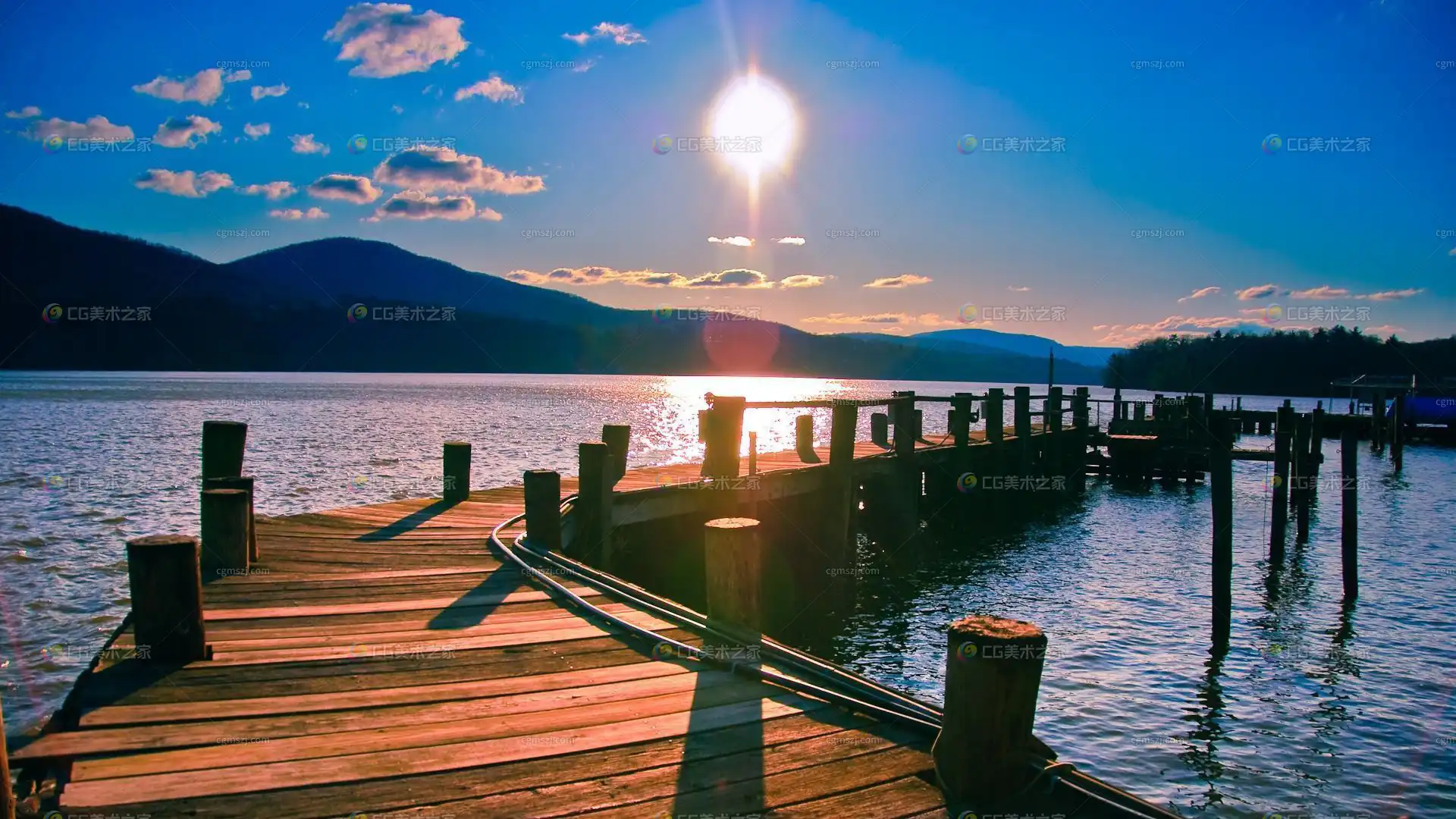 湖畔观景木廊风景贴图