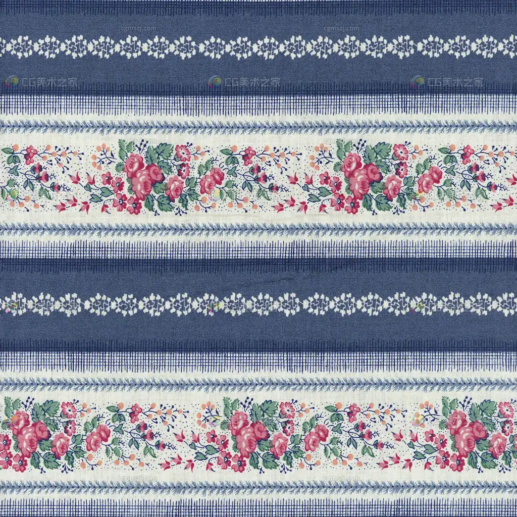 蓝底花卉条纹织物贴图