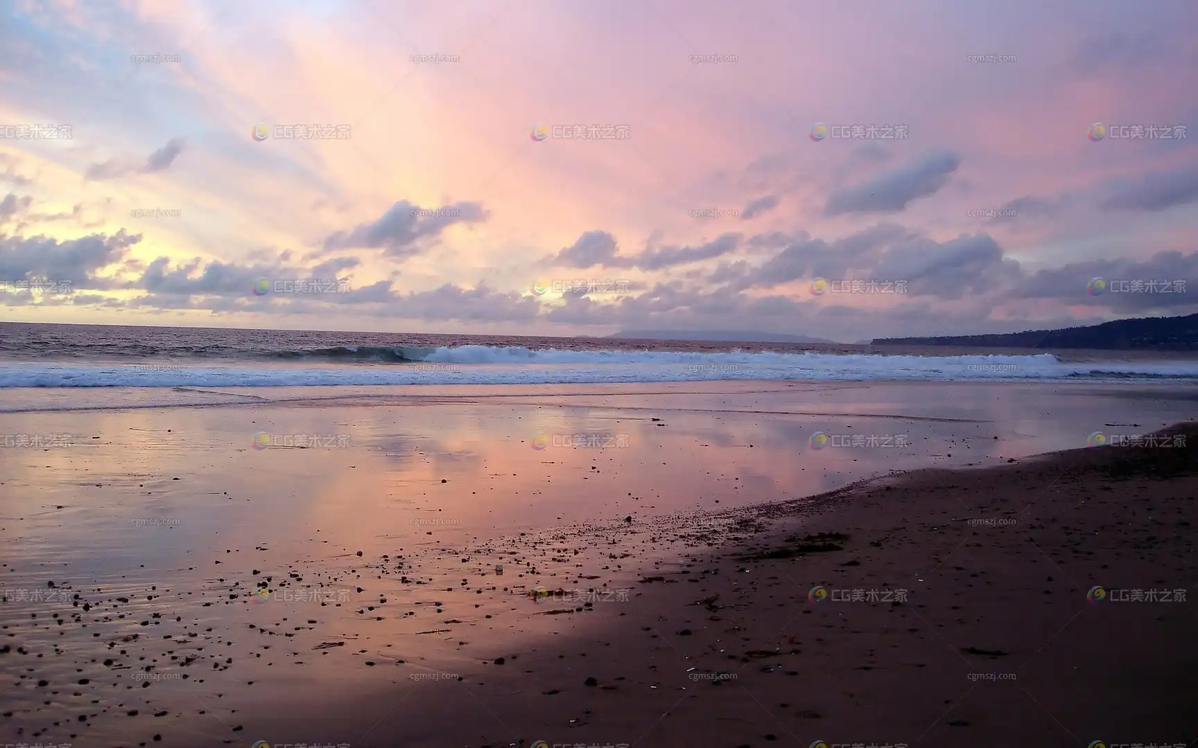 黄昏海滩粉紫天空景观贴图