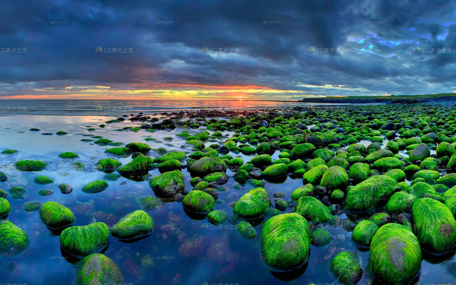 海岸苔藓石日落贴图